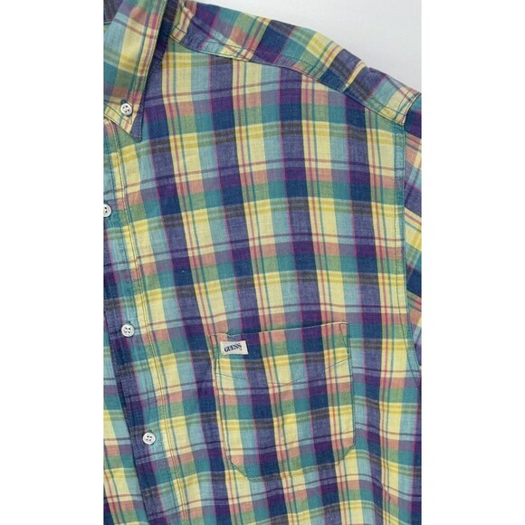 Vintage 90s Guess Jeans Pastel Plaid Short Sleeve Button Up USA Made VTG Shirt - Picture 2 of 6